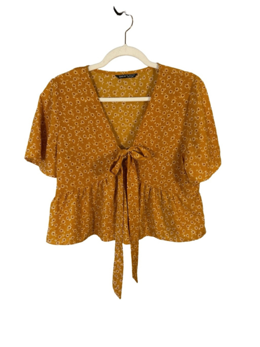 SHEIN Mustard Floral Tie-Front Peplum Blouse Size L Cottagecore Boho Western - Picture 2 of 11
